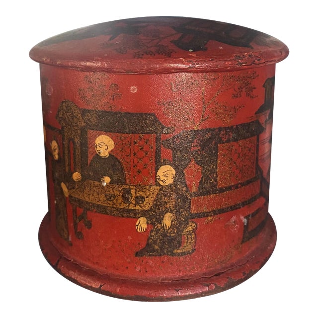 Antique Red Round Paper Mache Chinoiserie Box For Sale
