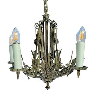 1920s Art Deco Silver Peacock Chandelier With 5 Lights For Sale