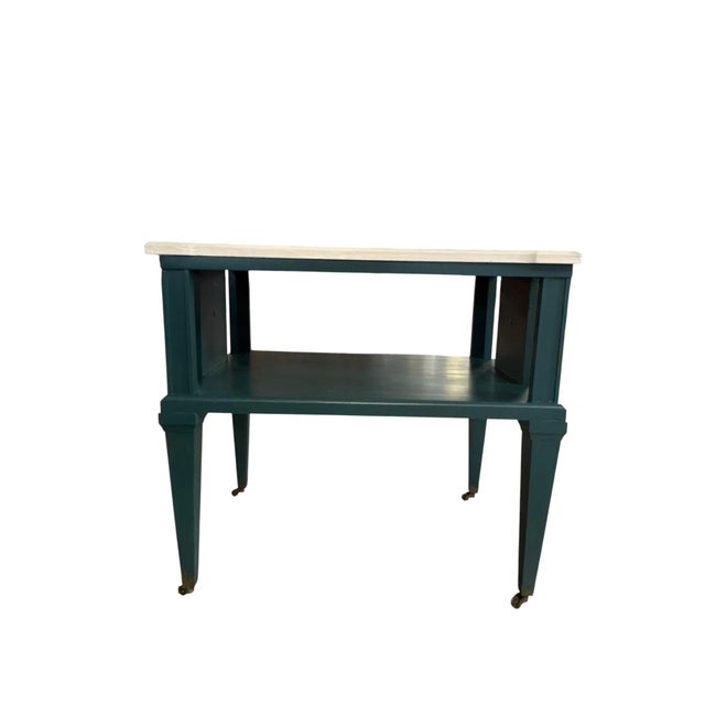 Traditional Vintage Painted Marble Top Console Table With Open Center Shelf Professionally Refinished in Deep Teal For Sale - Image 3 of 7