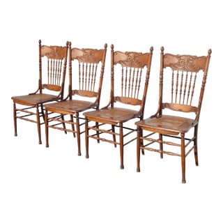 Chairs Pressed Back ~ Set of Four Cane Vintage French Country Golden Oak Chairs For Sale