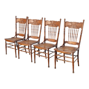 Chairs Pressed Back ~ Set of Four Cane Vintage French Country Golden Oak Chairs