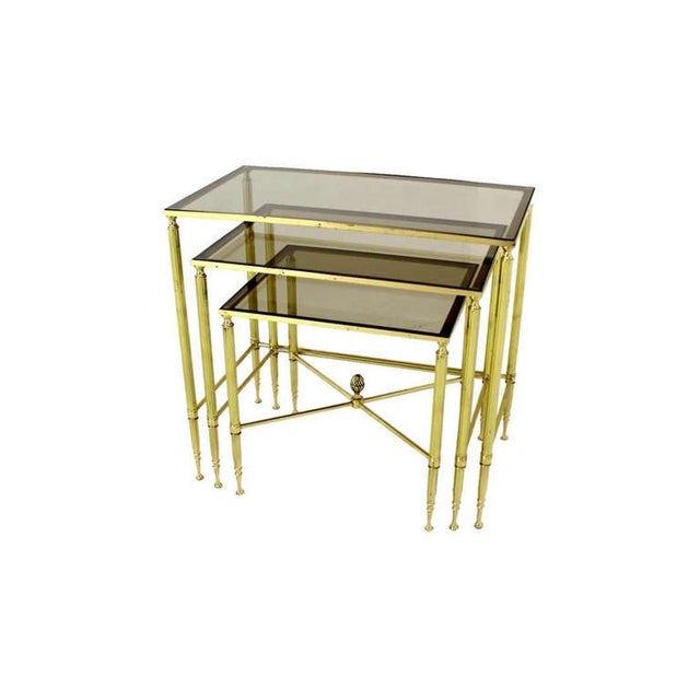 Maison Jansen Solid Brass Smoked Glass Set of Three Nesting Stacking Side Occasional Tables For Sale - Image 4 of 7