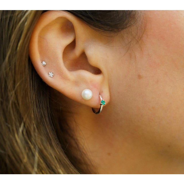 Metal Natural Emerald Multi Placement Huggie Earrings in 14k White Gold For Sale - Image 7 of 8