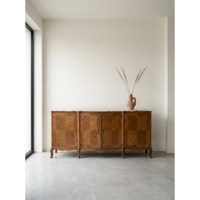 French Louis XV Style Sideboard With Walnut Marquetry, Bronze Hardware, and Cosmopolitan Quartzite Top For Sale In Los Angeles - Image 6 of 7