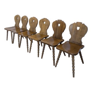 Vintage Tyrolean Heart Cutout Wooden Dining Chairs, 1970s, Set of 6 For Sale