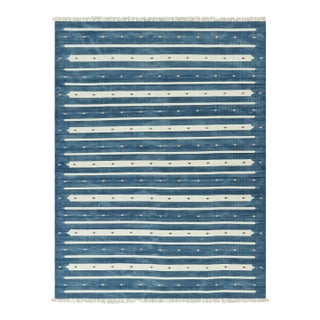 Rug & Kilim's Contemporary Dhurrie Rug in Blue with White Stripes - 12x16 For Sale