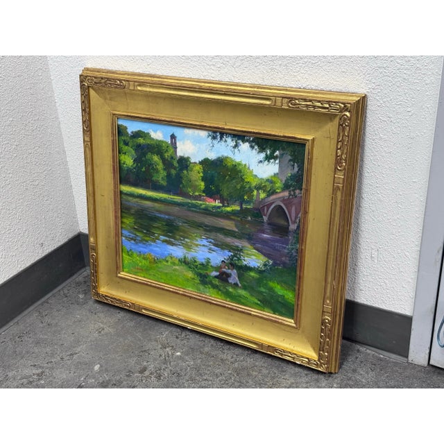 Gold Circa 2002 Gary David Hoffmann "By the Charles River" Oil on Canvas, Framed For Sale - Image 8 of 12