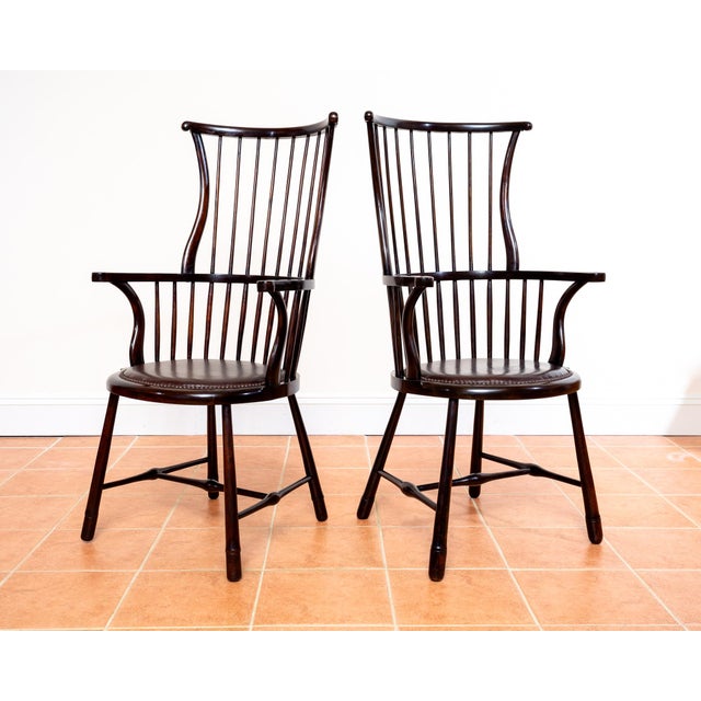 Antique Arts and Crafts Beech and Leather Liberty Windsor Chairs, 1900s, Set of 2 For Sale - Image 18 of 18