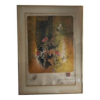 1970s Lebadang Signed Lithograph on Handmade Paper, Titled, Red Blossoms on Orange For Sale