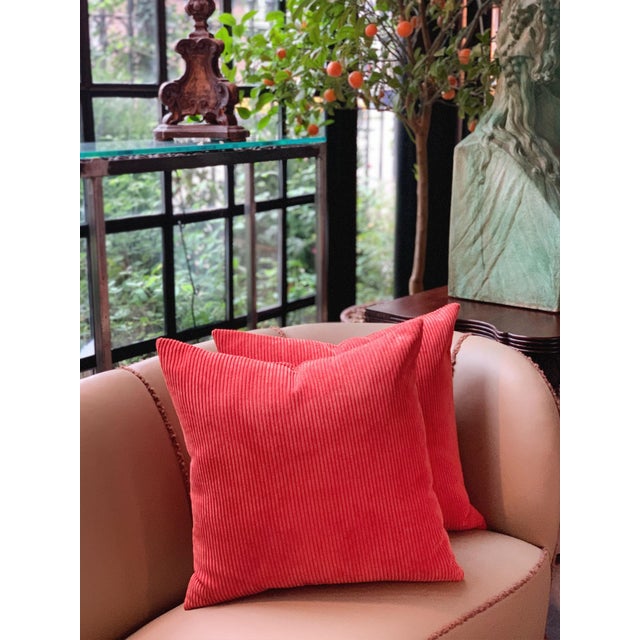 Custom Coral Orange Corduroy Pillows - A Pair For Sale - Image 9 of 9