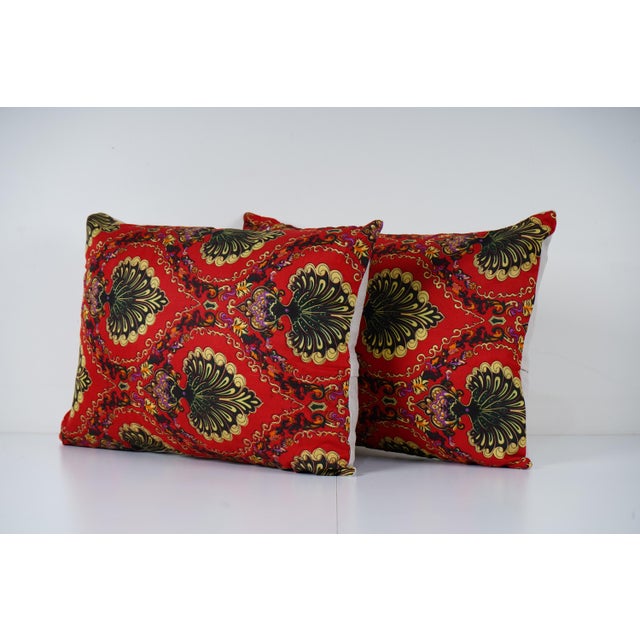 Mid-Century Modern Red Uzbek Roller Printed Pillow Cover - A Pair For Sale - Image 3 of 4