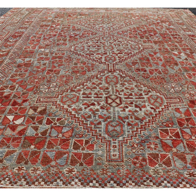 Tribal Antique Distressed Persian Medallion Shiraz Rug in Shades Rusty Red & Steel Blue For Sale - Image 3 of 10