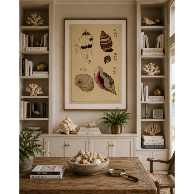 Black Vintage Japanese Seashells, Woodblock Print Reproduction, 32" X 48" For Sale - Image 8 of 10