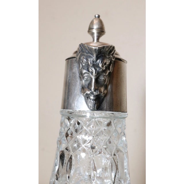 1930s 1930s Share Antique Ornate Figural English Silver Plated Pressed Glass Wine Claret Decanter For Sale - Image 5 of 11
