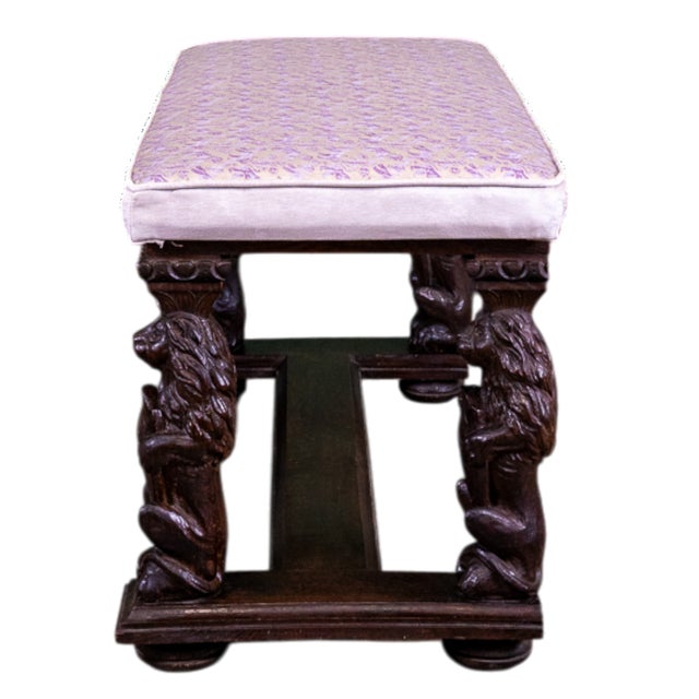 Fortuny 19th C English Oak Heraldic Hall Bench With Fortuny Upholstered Cushion For Sale - Image 4 of 17