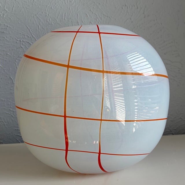Henry Dean White Art Glass Vase With Orange-Red Grid | Chairish