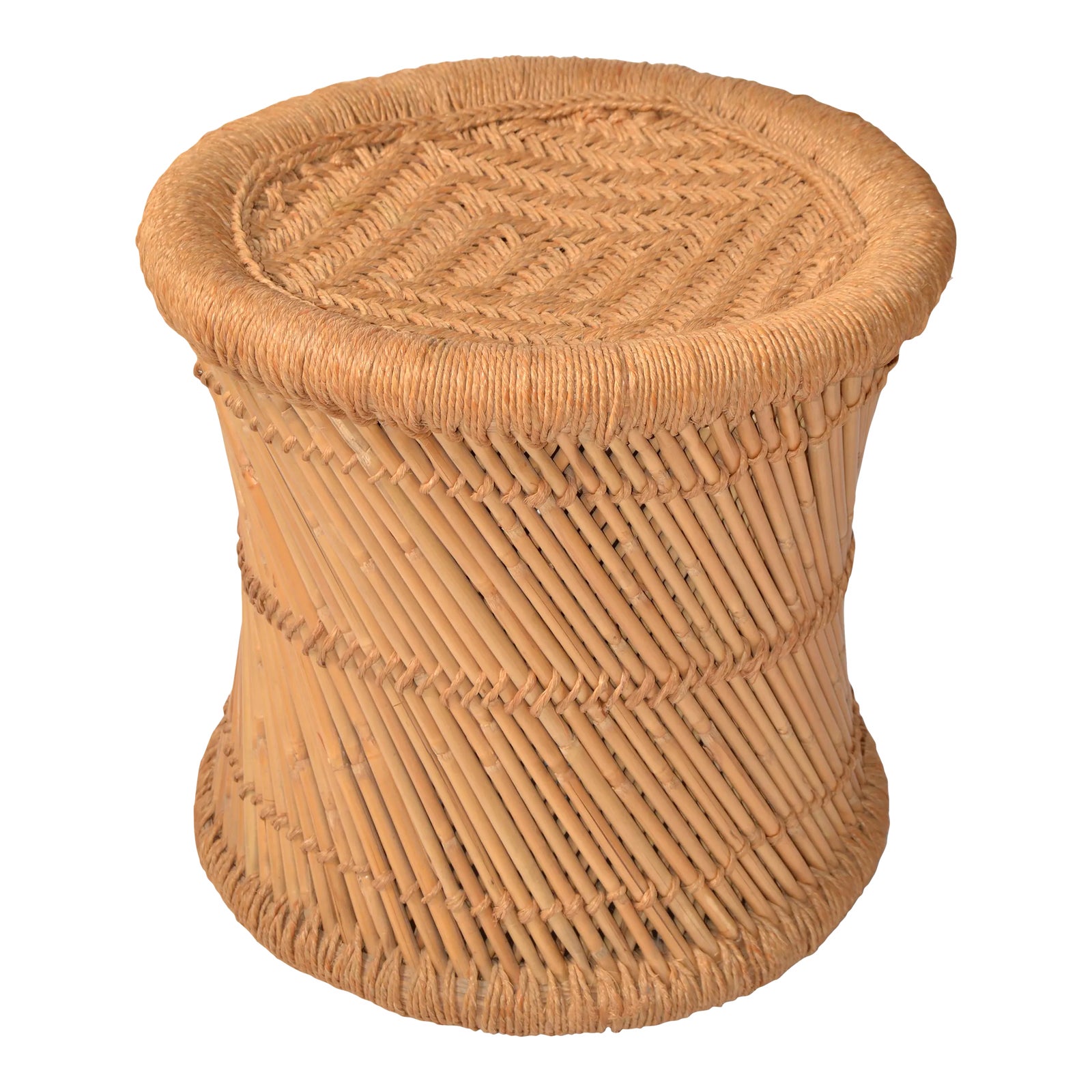 1960s Vintage Round Hand Woven Bamboo Rattan Reed Rope Drum Side Table ...