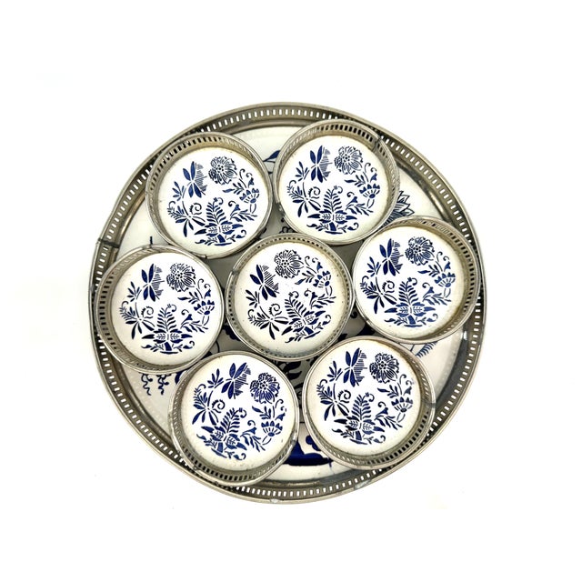 Vintage Blue & White Porcelain Coaster Set With Pierced Metal Tray, Blue Onion Style Barware Set For Sale In Little Rock - Image 6 of 9