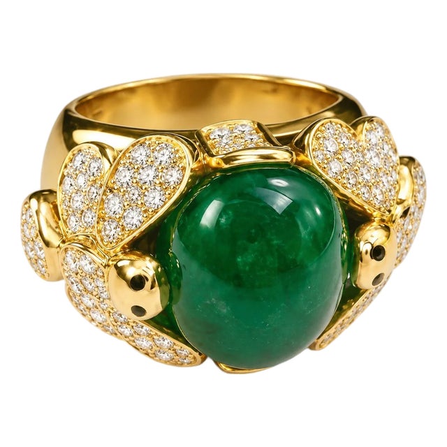 18K Yellow Gold Cabochon Emerald Diamond Dragonfly Designer Ring Estate For Sale