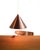 Brushed copper conical pendant lamp, "Biljard" model by Arne Jacobsen for Louis Poulsen. Featuring a conical silhouette in...