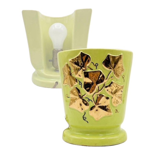 Vintage Mid-Century Chartreuse Ceramic Tv Lamp Planter With Gold Ivy Leaves For Sale