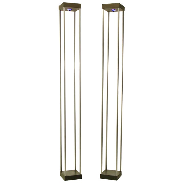 Memphis-Style Postmodern Floor Lamps With Cobalt Blue Glass Pyramids - a Pair For Sale