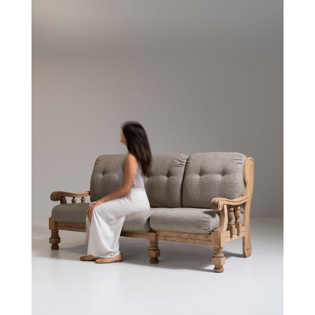 1970s French Tan Brutalist Oak Upholstered Sofa For Sale - Image 11 of 15