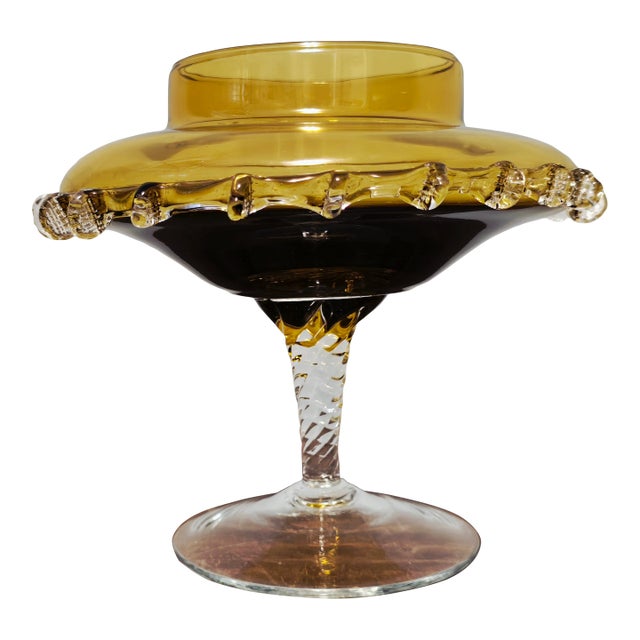 Mid 20th Century Italian Murano Glass Style Amber Art Glass Compote With Applied Prunts For Sale