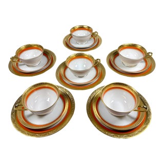 Vintage Tirschenreuth Bavaria Gold-Gilt Porcelain Tea Trio Set for 6, 18 Pieces For Sale