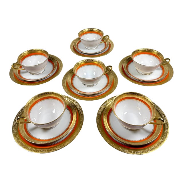 Vintage Tirschenreuth Bavaria Gold-Gilt Porcelain Tea Trio Set for 6, 18 Pieces For Sale