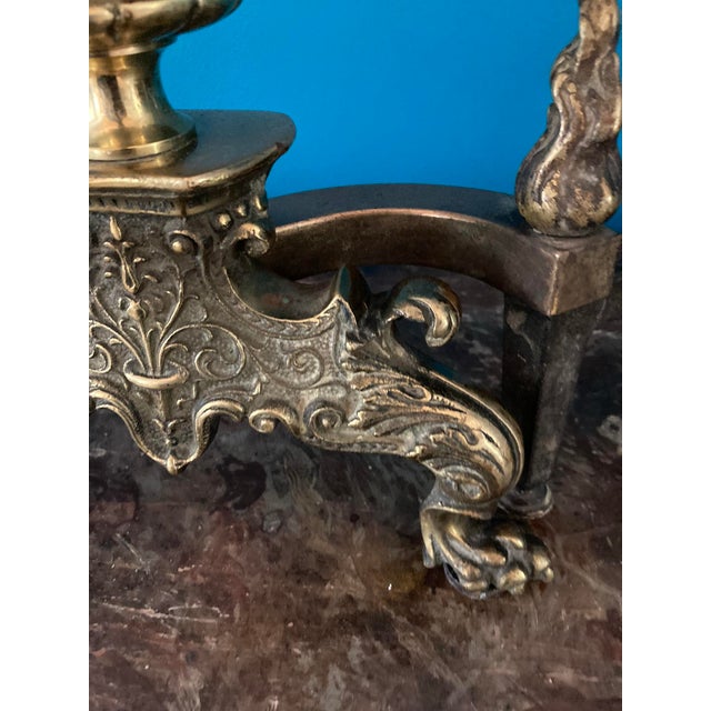 Antique Pair French Neoclassical Brass Andirons — Fluted Column, Lion Paw Feet For Sale - Image 10 of 12