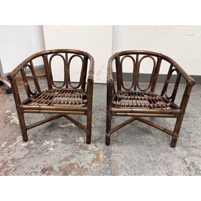 Wood McGuire Furniture Barrel Back Bamboo Armchairs, Pair Vintage For Sale - Image 7 of 12