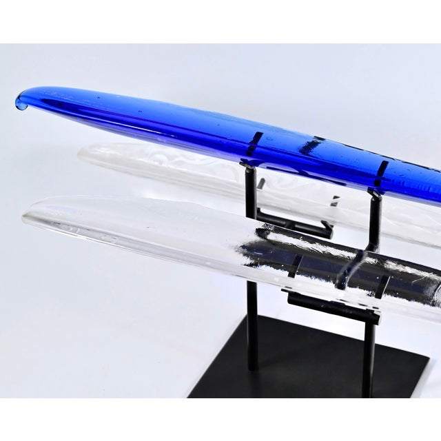 Blue Terje Lundaas Blue & White Glass Sculpture With Engravings on Tri-Level Stand, Large 31" Wide, Etch Signed - Set of 4 For Sale - Image 8 of 12