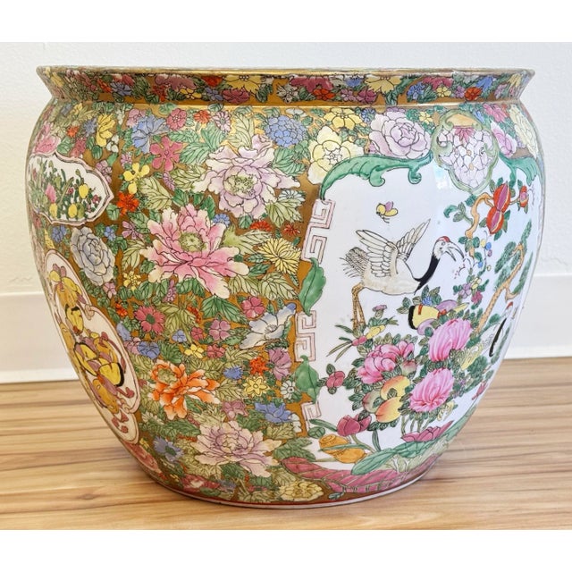 Vintage Porcelain Mandarin Chinese Rose Fish Bowl Planter For Sale - Image 4 of 10