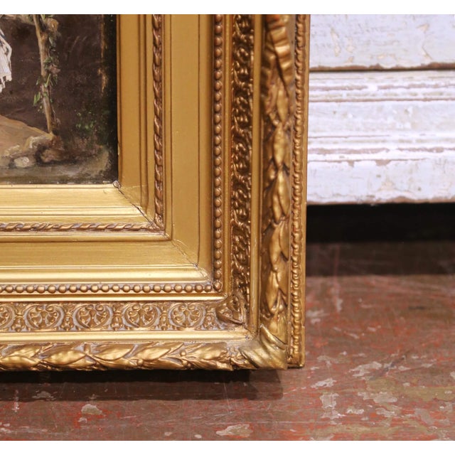 Pair of 19th Century French Pendant Genre Paintings on Board in Carved Frames For Sale - Image 13 of 15