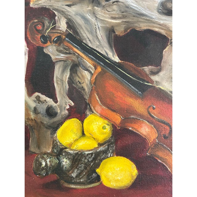 Vintage Impressionist Still Life Oil Painting of Violin Stoneware and Lemons For Sale In Philadelphia - Image 6 of 7