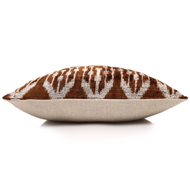 Luxury Handwoven Ikat Silk Velvet Pillow 20x20 Inch – Earthy Brown & Ivory For Sale - Image 4 of 8