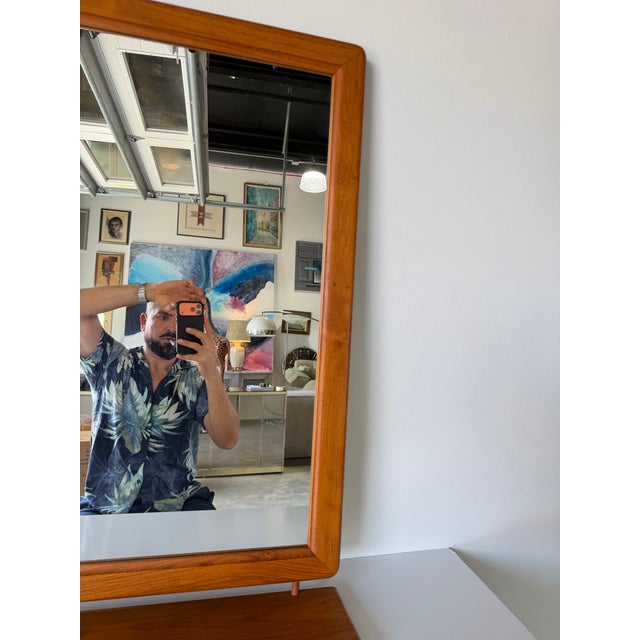 Mid-Century Danish Modern Teak Wall Mirror With Built-in Shelf by Fakse, Denmark For Sale - Image 9 of 13