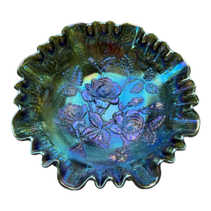 Early 20th Century Azure Blue Amethyst Imperial Carnival Glass Ruffled Footed Salad Bowl American Beauty Roses