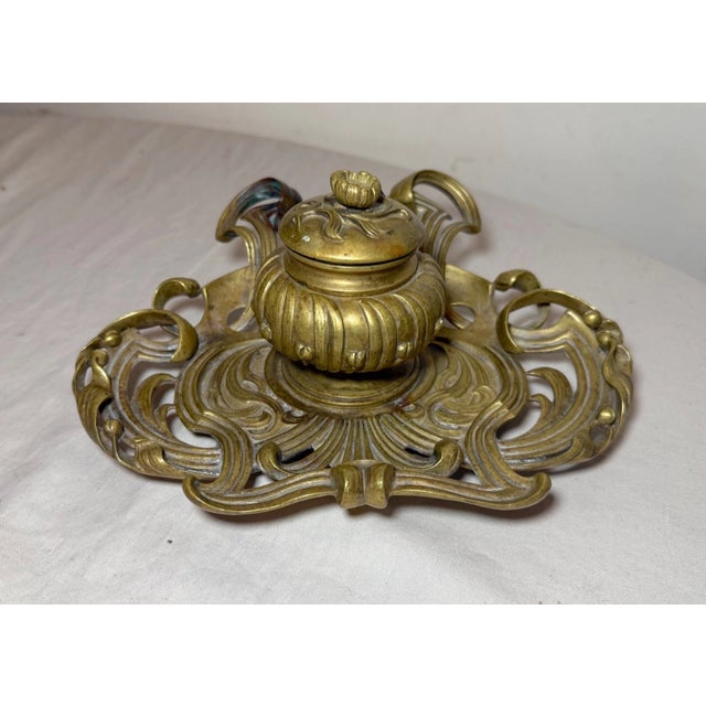 Up for sale is a very nice quality antique 19th century Art Nouveau gilt bronze writing inkwell stand. It's made of very...