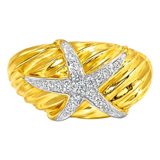 14K Yellow Gold Diamond Starfish Cocktail Ring Estate For Sale