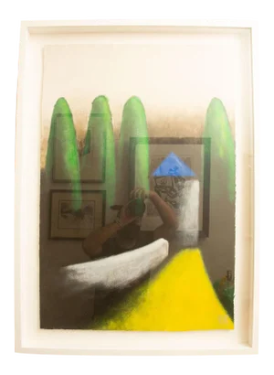 Vintage Larry Laslo Mixed Media Abstract Landscape Green, Yellow, Gray, Blue Painting on Paper Custom Framed Signed