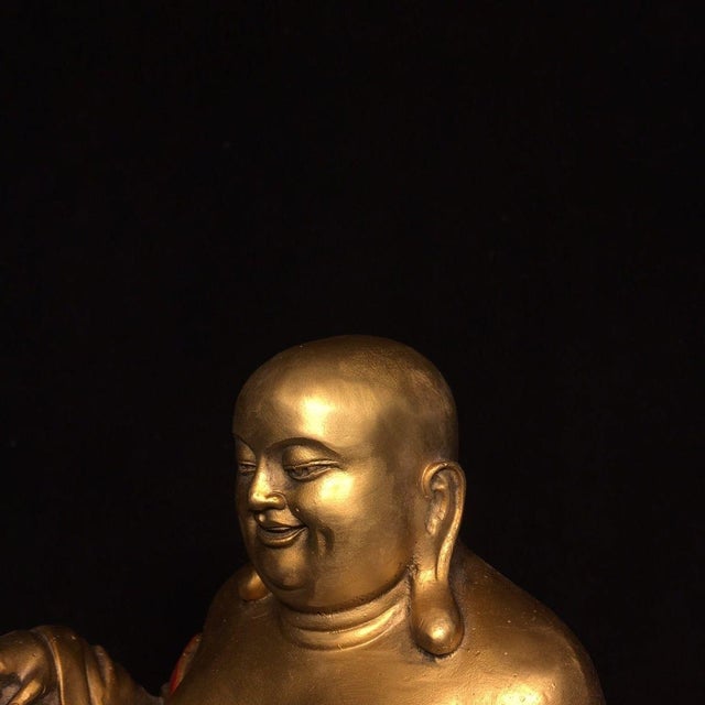 Late 20th Century Vintage Gilt & Painted Brass Laughing Buddha Maitreya Statue on Double Lotus Base For Sale - Image 5 of 9