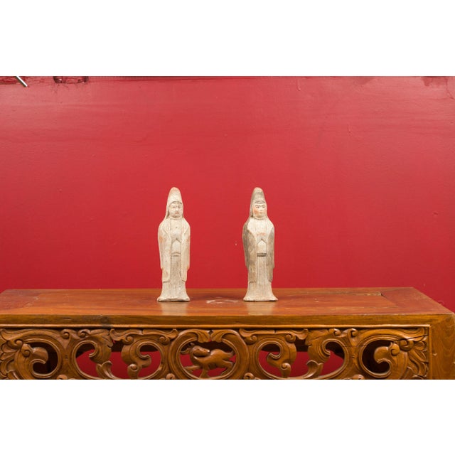 Terra Cotta Mid 20th Century Chinese Qing Dynasty Small Hand Painted Terracotta Statues - a Pair For Sale - Image 8 of 13