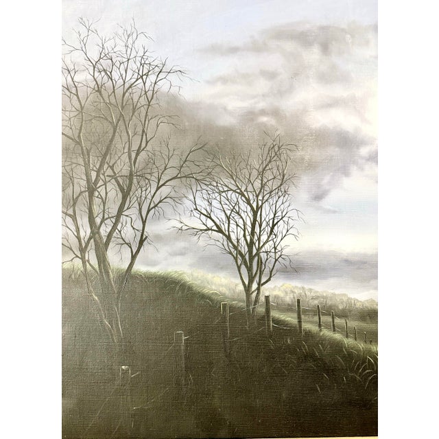 Beautiful original oil painting, featuring a glowing moon rising over a tranquil countryside. Delicate, leafless trees are...