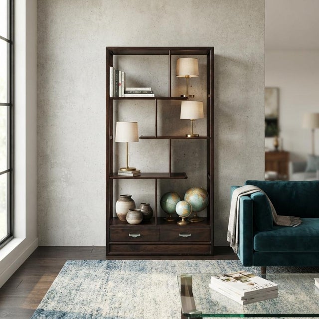 1990s Asian Inspired Asymmetrical Dark Brown Shelving Display Cabinet Divider For Sale - Image 5 of 12