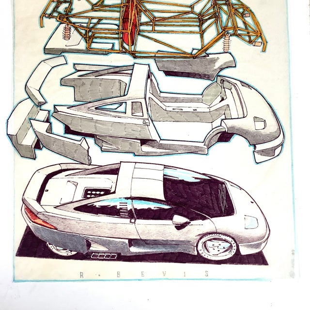 1980s 1980s R Bevis Original Automotive Concept Car Rendering Coupe Roadster Prototype Art For Sale - Image 5 of 13