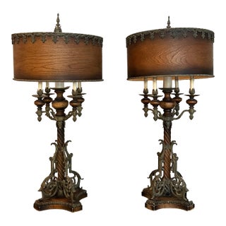 Mid 20th Century Monumental Spanish Colonial Wood & Wrought Iron Table Lamps With Wood Lampshades - a Pair For Sale