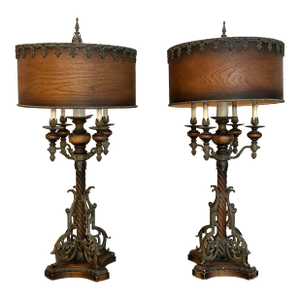 Mid 20th Century Monumental Spanish Colonial Wood & Wrought Iron Table Lamps With Wood Lampshades - a Pair
