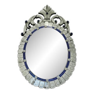Early 20th Century Venetian Mirror With Cobalt Glass: Antique Murano-Style Etched Mirror For Sale